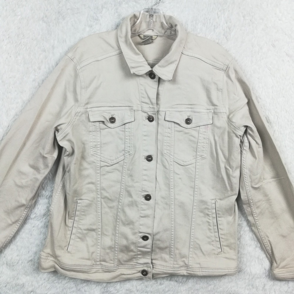 Duluth Trading Womens Denim Jacket Khaki Button Front Fitted Casual Jean‎ L
